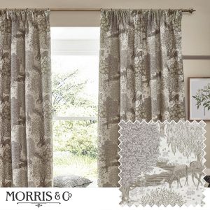 Morris & Co. Brook Woodland Jacquard Ready Made Pencil Pleat Curtains Linen