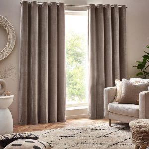 Yard Heavy Chenille Velvet Ready Made Eyelet Curtains Greige