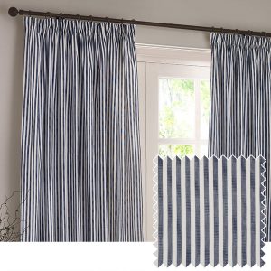 Yard Hebden Striped Cotton Ready Made Pencil Pleat Curtains Navy