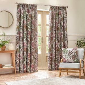 Ophelia Floral Jacquard Ready Made Pencil Pleat Curtains Rednut