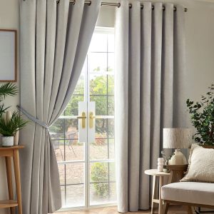 Chenille Triple Woven Ready Made Eyelet Blackout Curtains Silver