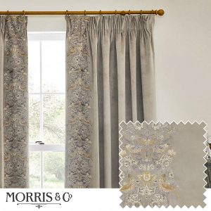 Morris & Co. Strawberry Thief Embroidered Velvet Ready Made Pencil Pleat Curtains Biscuit