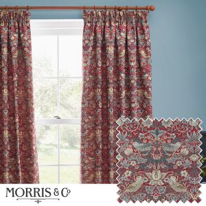 Morris & Co. Strawberry Thief Jacquard Floral Ready Made Pencil Pleat Curtains Berry