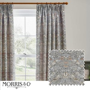 Morris & Co. Strawberry Thief Jacquard Floral Ready Made Pencil Pleat Curtains Biscuit