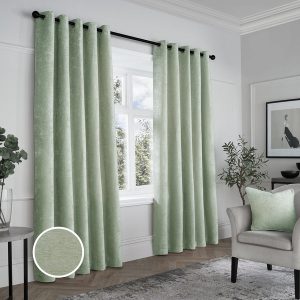 Curtina Textured Chenille Ready Made Blackout Eyelet Curtains Green