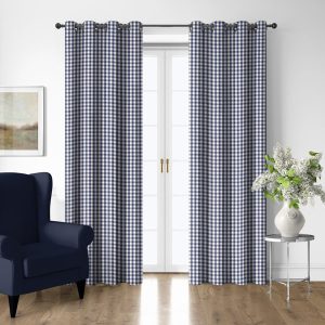 Walker Check Indigo/Ivory Cotton Grommet Top Drapery Panel Set of 2