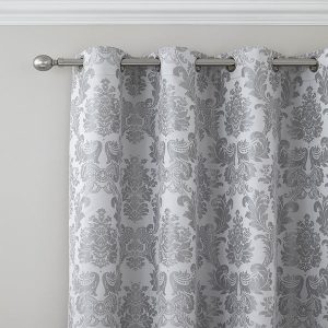 Catherine Lansfield Damask Jacquard Ready Made Eyelet Curtains 66'' x 72'' Silver
